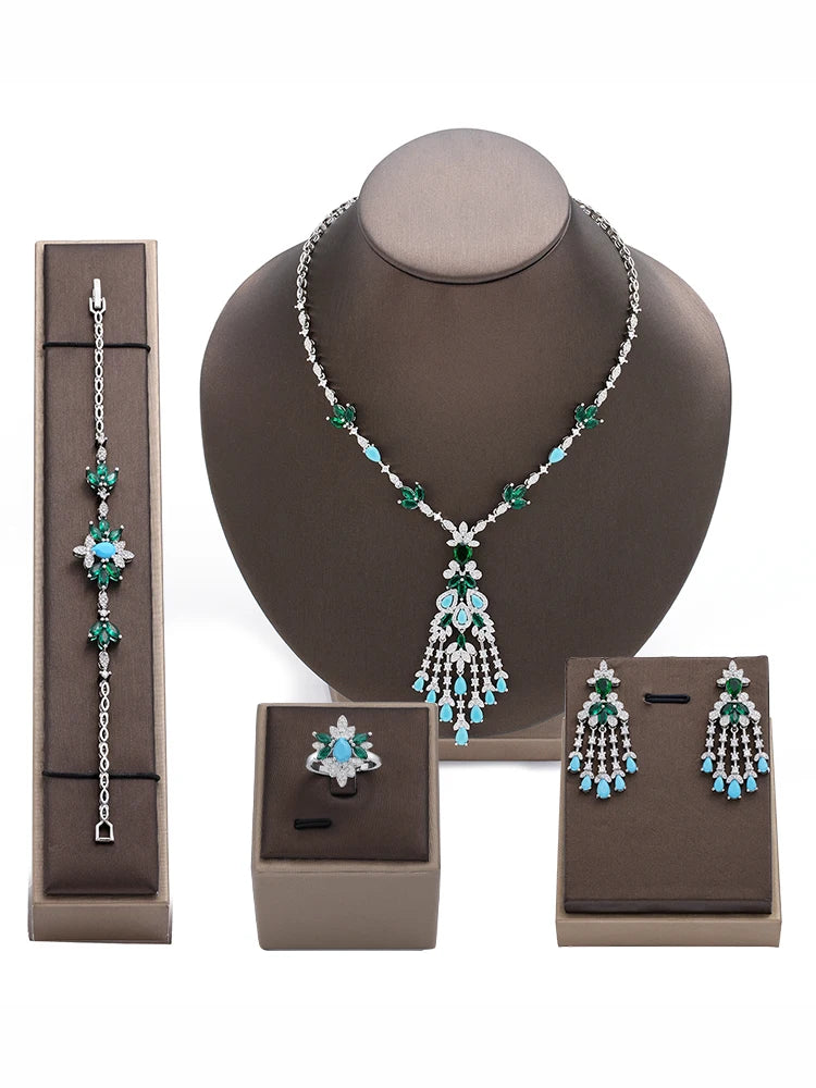 Exquisite Turquoise Dubai Jewelry Sets For Wedding Bridal Wedding Party 4 Pieces Set Accessories
