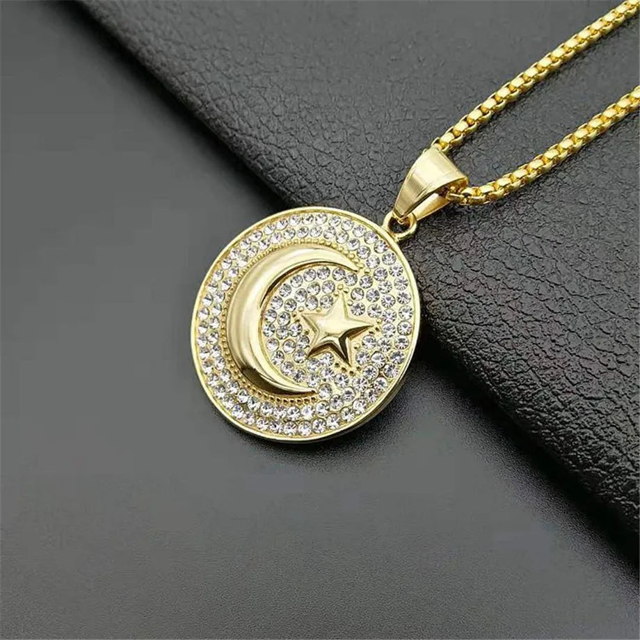 Muslim Crescent Moon And Star Pendant Stainless Steel Round Necklace Hip Hop Iced Out Women & Men Islamic Jewelry