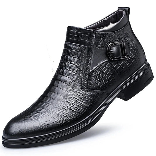 Men's Quality Cow Leather Boots Warm Fur Pattern Men's Ankle Boots Shoes Size 46