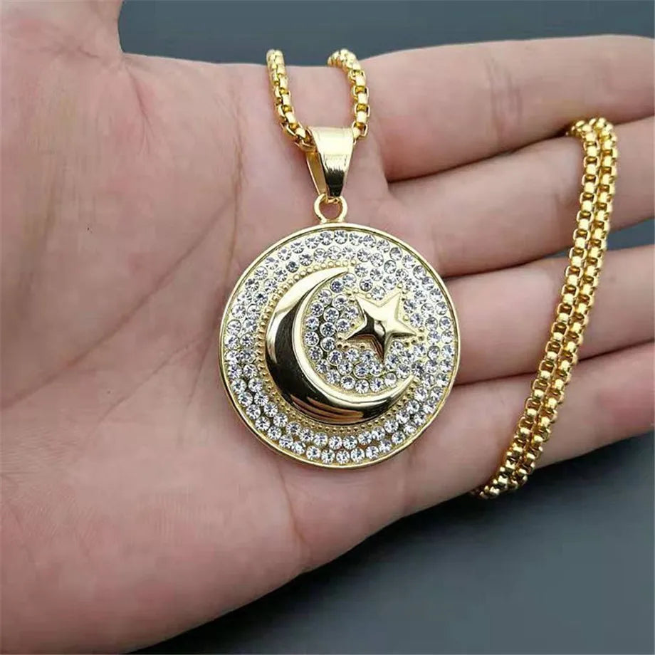 Muslim Crescent Moon And Star Pendant Stainless Steel Round Necklace Hip Hop Iced Out Women & Men Islamic Jewelry