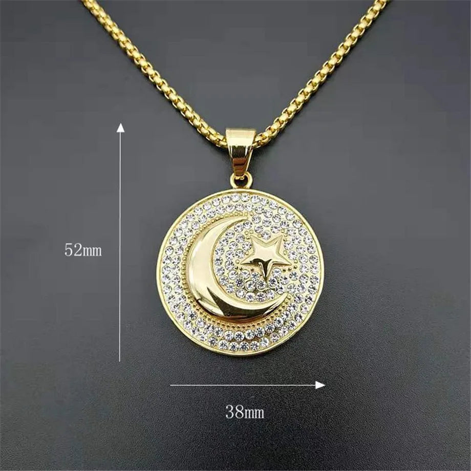 Muslim Crescent Moon And Star Pendant Stainless Steel Round Necklace Hip Hop Iced Out Women & Men Islamic Jewelry