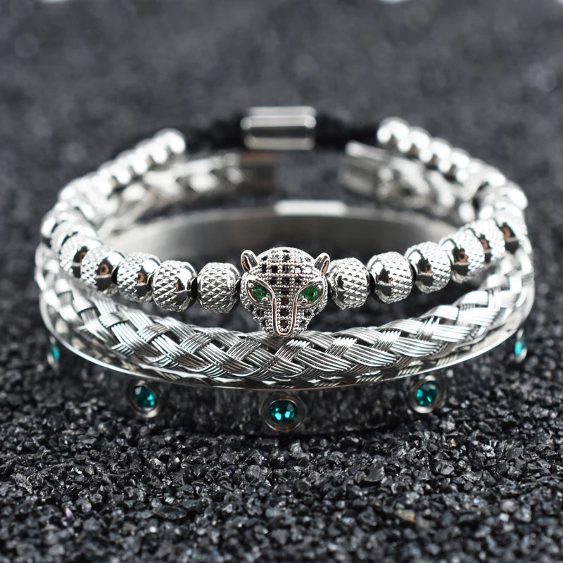 Luxury Set Green Eye Leopard Head Charm Handmade Unisex Bracelet Crystals Stainless Steel Bangles Jewelry
