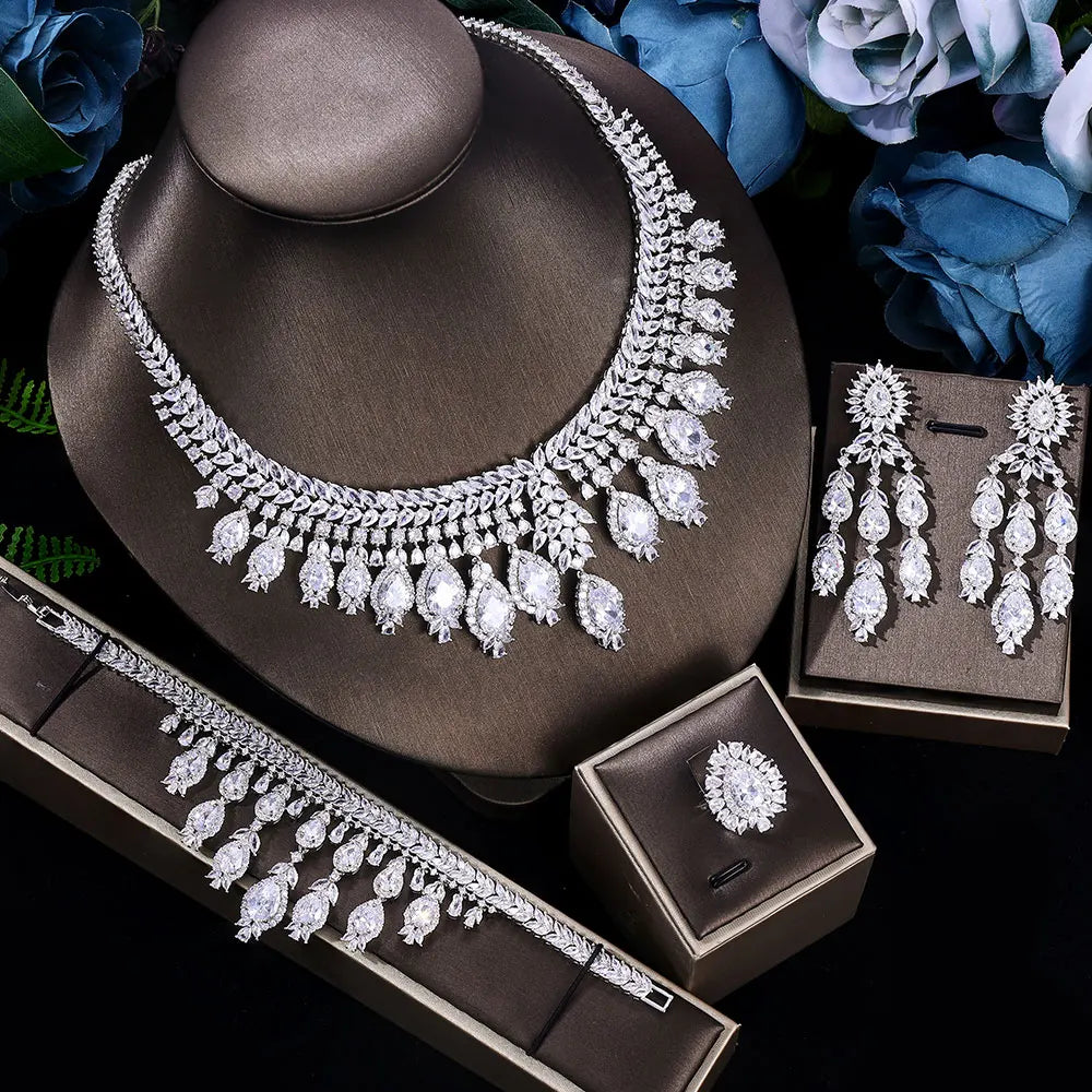 4-piece3A Zircon Luxury Bridal Wedding Jewelry Set Crystal Necklace Set Dubai Jewelry Set
