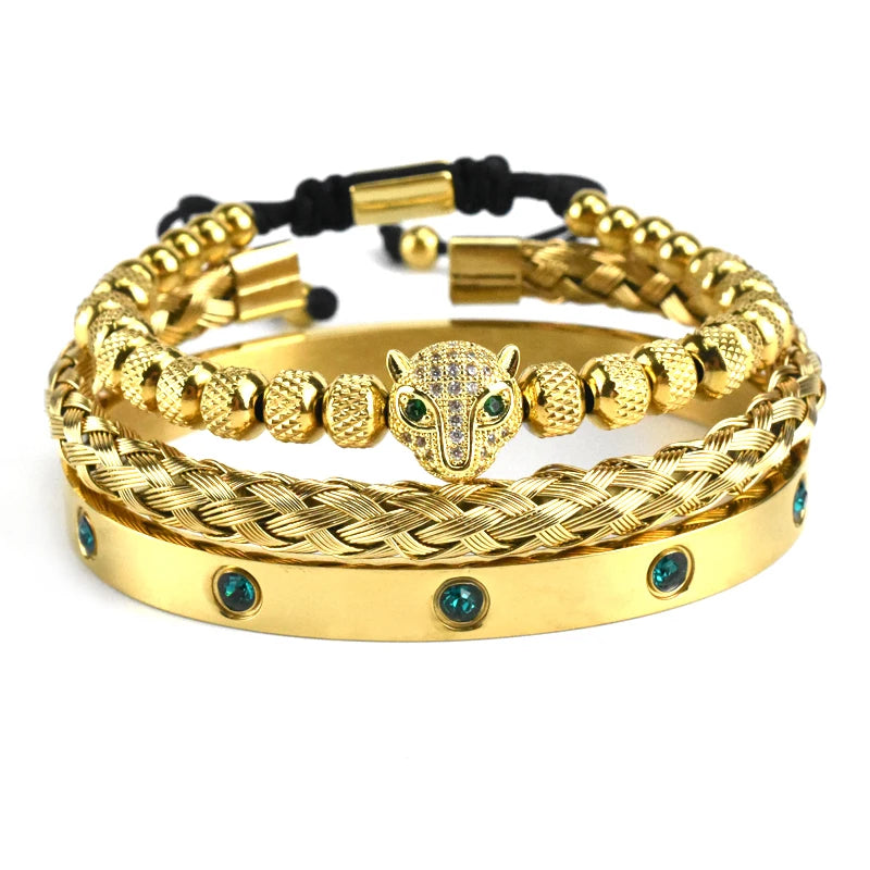Luxury Set Green Eye Leopard Head Charm Handmade Unisex Bracelet Crystals Stainless Steel Bangles Jewelry