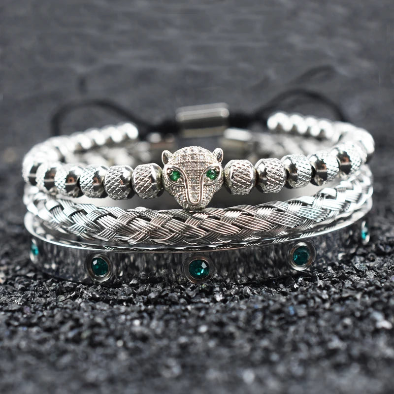 Luxury Set Green Eye Leopard Head Charm Handmade Unisex Bracelet Crystals Stainless Steel Bangles Jewelry
