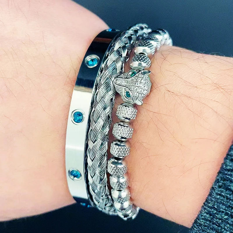 Luxury Set Green Eye Leopard Head Charm Handmade Unisex Bracelet Crystals Stainless Steel Bangles Jewelry