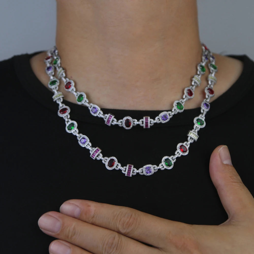 New Colour Oval Square Charm Necklace Silver Color Iced Out Cubic Zircon Cuban Chain Choker Women Men Fashion Hip Hop Jewelry