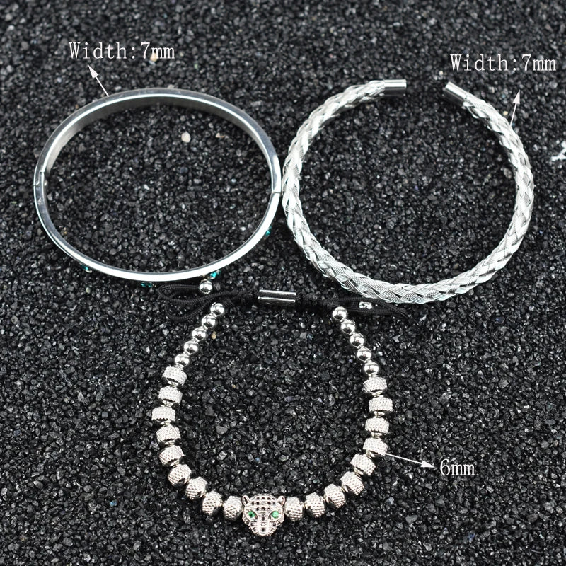 Luxury Set Green Eye Leopard Head Charm Handmade Unisex Bracelet Crystals Stainless Steel Bangles Jewelry