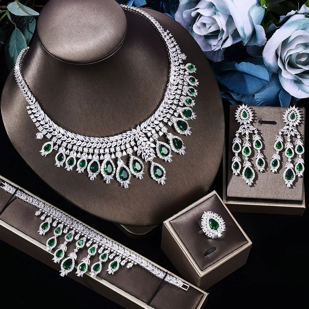 4-piece3A Zircon Luxury Bridal Wedding Jewelry Set Crystal Necklace Set Dubai Jewelry Set