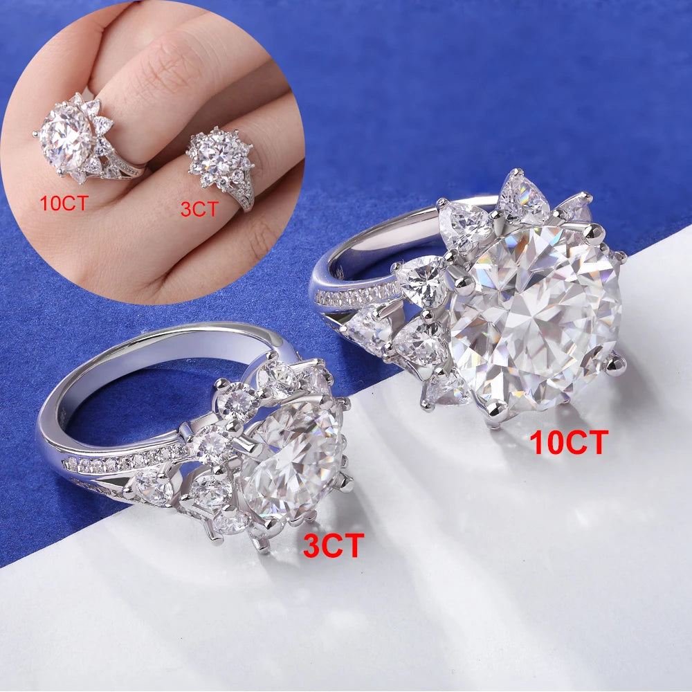 3CT/10CT D Color Moissanite Ring For Women 100% 925 Sterling Silver AU750 Plated Engagement Wedding Bride Diamond Rings with GRA