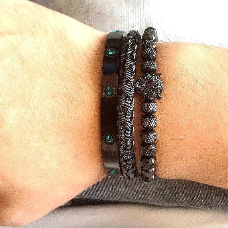 Luxury Set Green Eye Leopard Head Charm Handmade Unisex Bracelet Crystals Stainless Steel Bangles Jewelry
