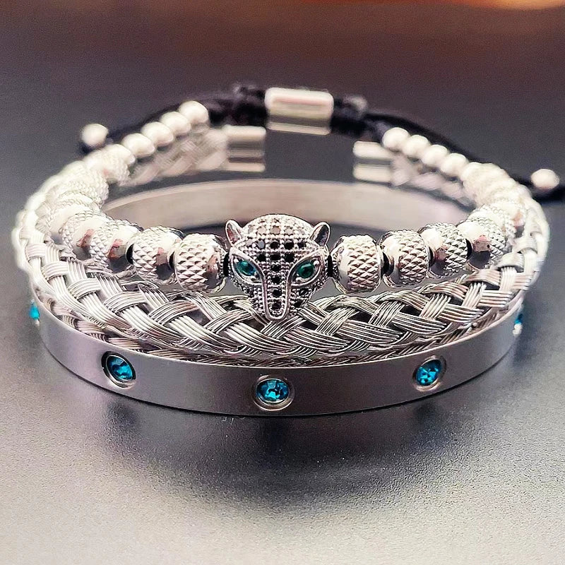Luxury Set Green Eye Leopard Head Charm Handmade Unisex Bracelet Crystals Stainless Steel Bangles Jewelry