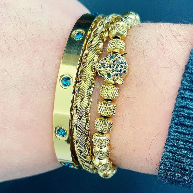 Luxury Set Green Eye Leopard Head Charm Handmade Unisex Bracelet Crystals Stainless Steel Bangles Jewelry