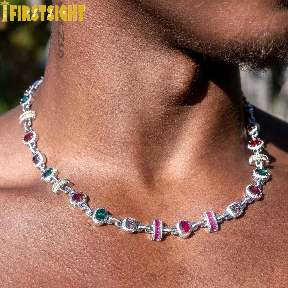 New Colour Oval Square Charm Necklace Silver Color Iced Out Cubic Zircon Cuban Chain Choker Women Men Fashion Hip Hop Jewelry