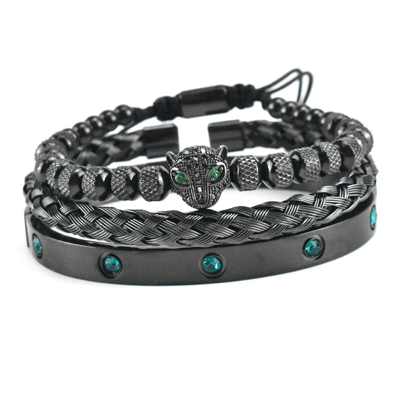 Luxury Set Green Eye Leopard Head Charm Handmade Unisex Bracelet Crystals Stainless Steel Bangles Jewelry