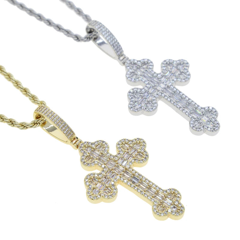 Men & Women's Hip Hop Cross Pendant Necklace Full Paved Sparking Cubic Zircon Rope Chain Iced Out Bling CZ Jewelry Fashion
