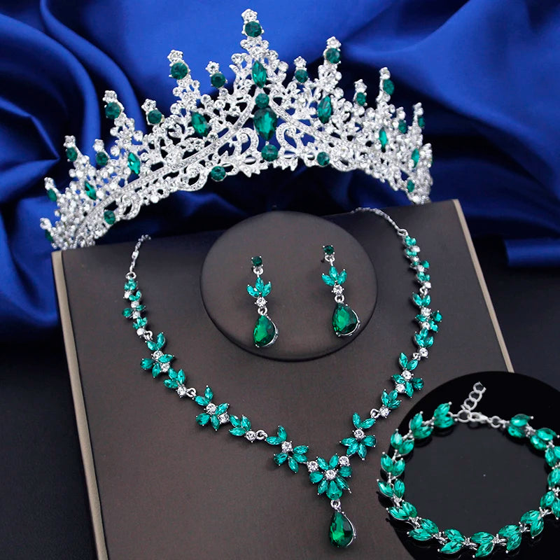Jewelry Sets for Women 4 Pcs Lime Green Crown Fashion Tiaras Bracelets Earrings and Necklace Sets Bride Wedding Prom Accessories