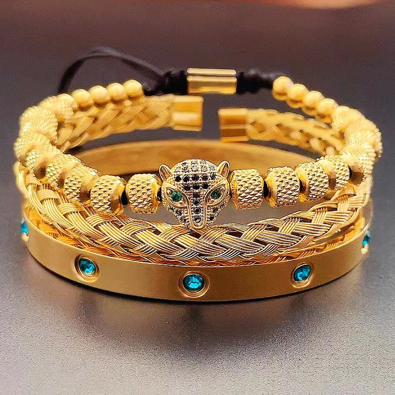 Luxury Set Green Eye Leopard Head Charm Handmade Unisex Bracelet Crystals Stainless Steel Bangles Jewelry