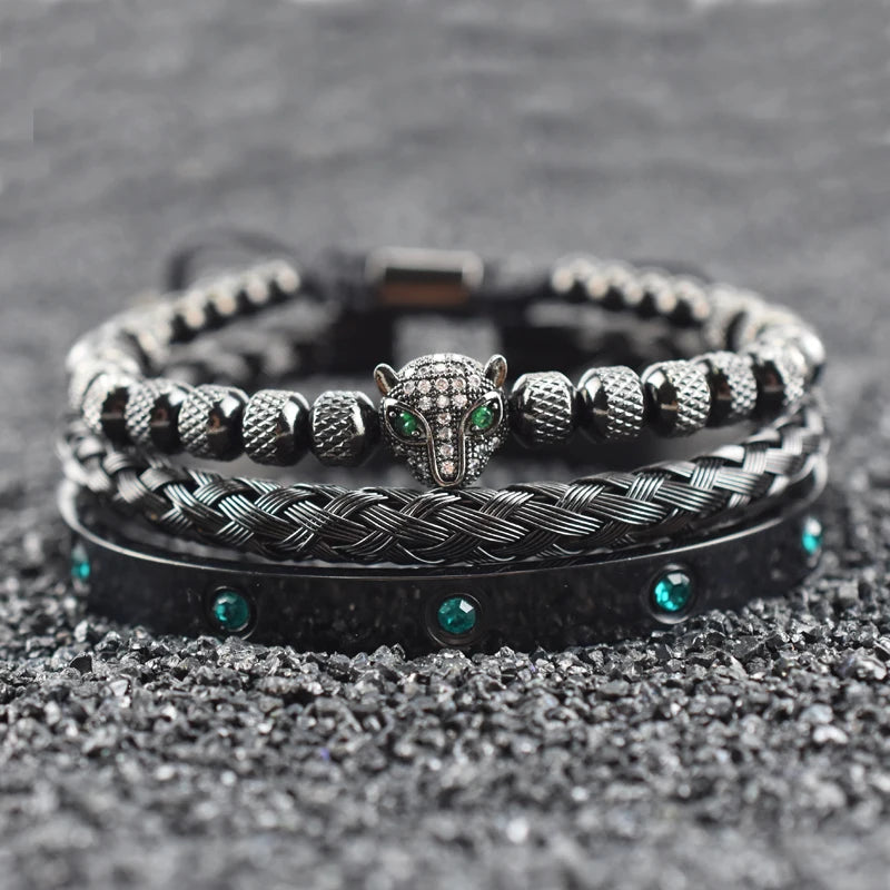Luxury Set Green Eye Leopard Head Charm Handmade Unisex Bracelet Crystals Stainless Steel Bangles Jewelry