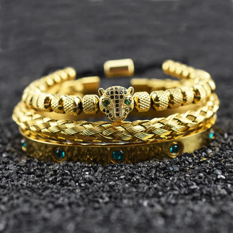 Luxury Set Green Eye Leopard Head Charm Handmade Unisex Bracelet Crystals Stainless Steel Bangles Jewelry