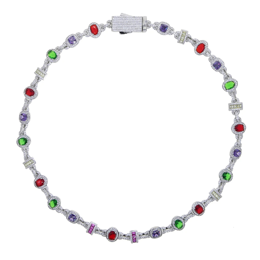 New Colour Oval Square Charm Necklace Silver Color Iced Out Cubic Zircon Cuban Chain Choker Women Men Fashion Hip Hop Jewelry