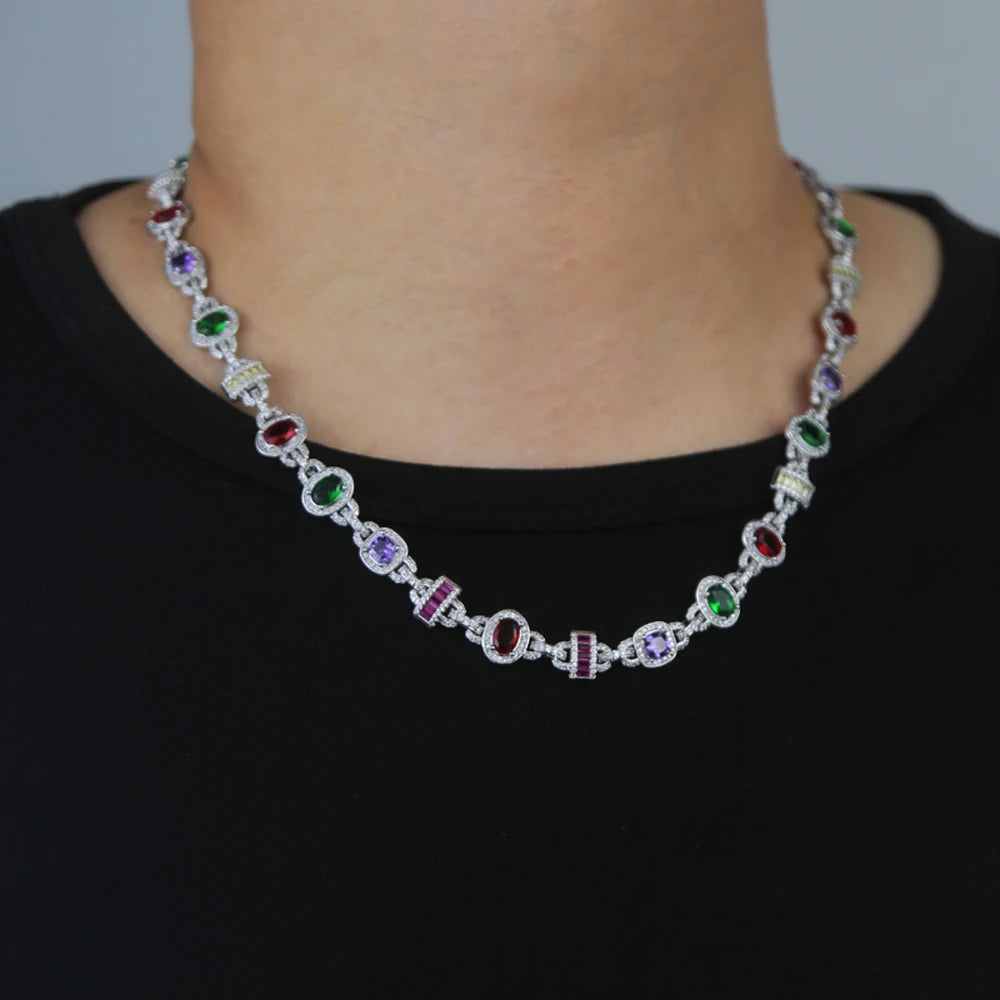 New Colour Oval Square Charm Necklace Silver Color Iced Out Cubic Zircon Cuban Chain Choker Women Men Fashion Hip Hop Jewelry