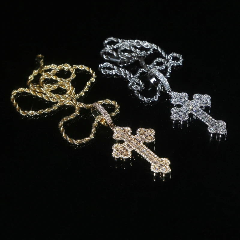 Men & Women's Hip Hop Cross Pendant Necklace Full Paved Sparking Cubic Zircon Rope Chain Iced Out Bling CZ Jewelry Fashion