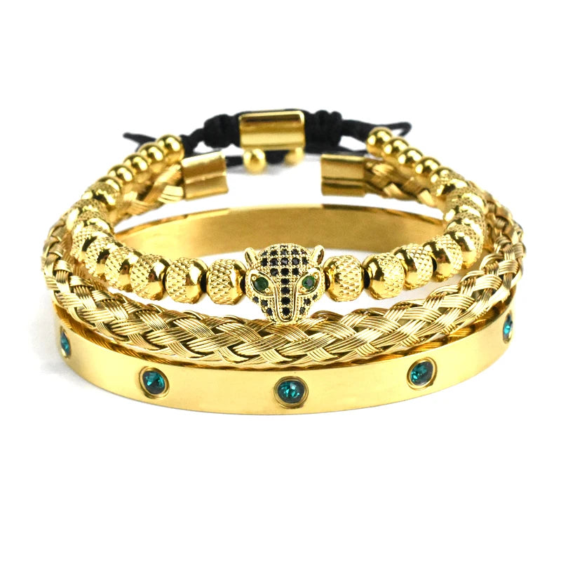 Luxury Set Green Eye Leopard Head Charm Handmade Unisex Bracelet Crystals Stainless Steel Bangles Jewelry