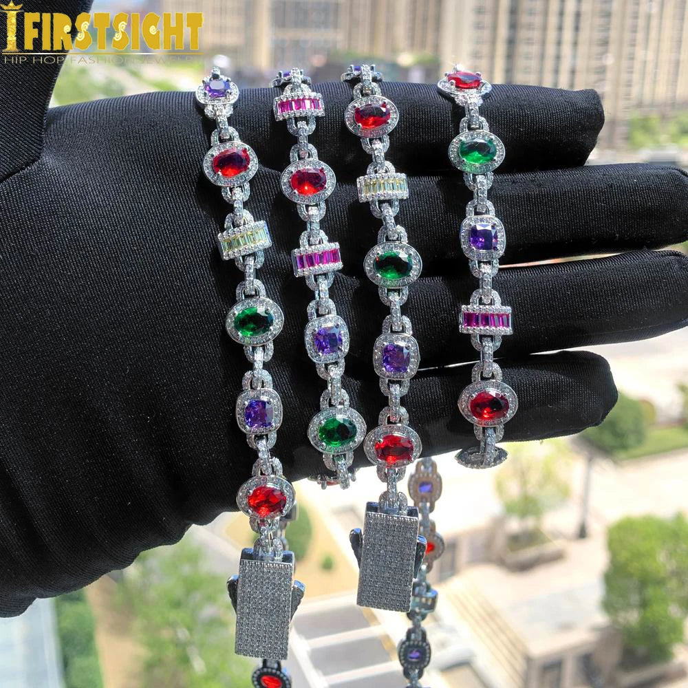 New Colour Oval Square Charm Necklace Silver Color Iced Out Cubic Zircon Cuban Chain Choker Women Men Fashion Hip Hop Jewelry