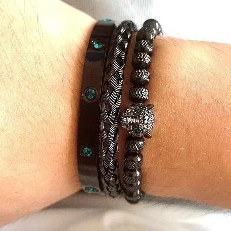 Luxury Set Green Eye Leopard Head Charm Handmade Unisex Bracelet Crystals Stainless Steel Bangles Jewelry
