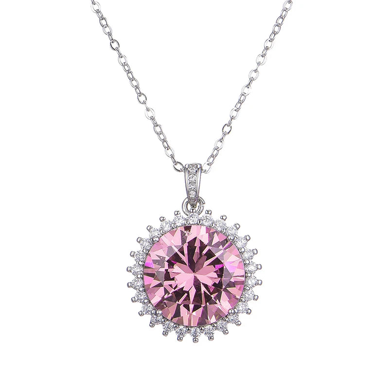 Huitan Fancy Round Pink Cubic Zirconia Pendant Necklace Exquisite Neck Accessories For Women Jewelry