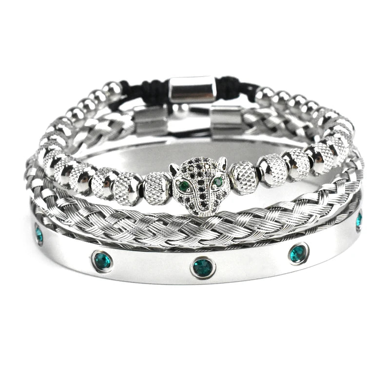 Luxury Set Green Eye Leopard Head Charm Handmade Unisex Bracelet Crystals Stainless Steel Bangles Jewelry