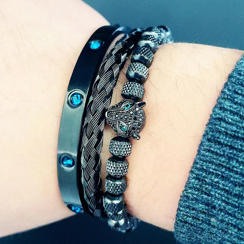 Luxury Set Green Eye Leopard Head Charm Handmade Unisex Bracelet Crystals Stainless Steel Bangles Jewelry