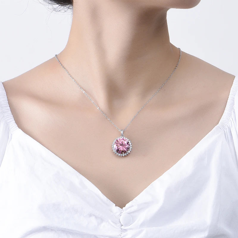 Huitan Fancy Round Pink Cubic Zirconia Pendant Necklace Exquisite Neck Accessories For Women Jewelry