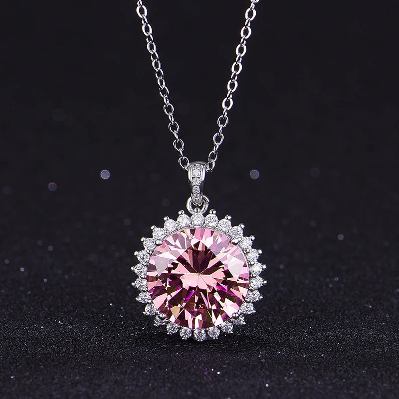 Huitan Fancy Round Pink Cubic Zirconia Pendant Necklace Exquisite Neck Accessories For Women Jewelry