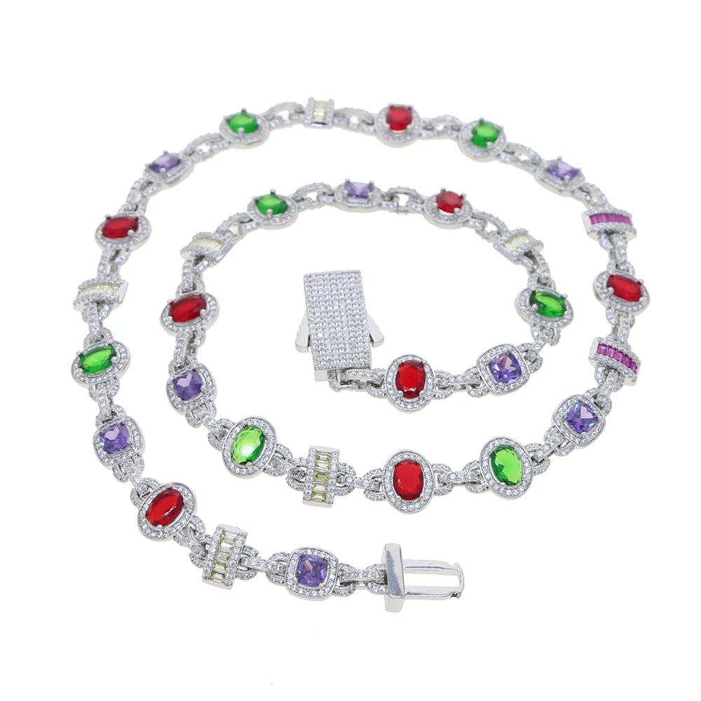 New Colour Oval Square Charm Necklace Silver Color Iced Out Cubic Zircon Cuban Chain Choker Women Men Fashion Hip Hop Jewelry