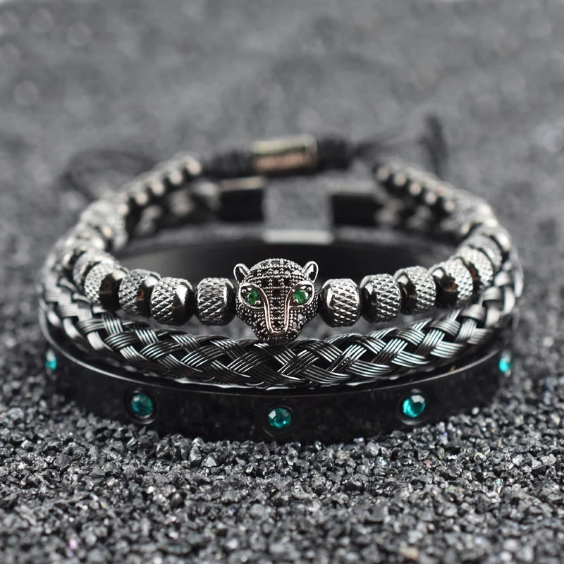 Luxury Set Green Eye Leopard Head Charm Handmade Unisex Bracelet Crystals Stainless Steel Bangles Jewelry
