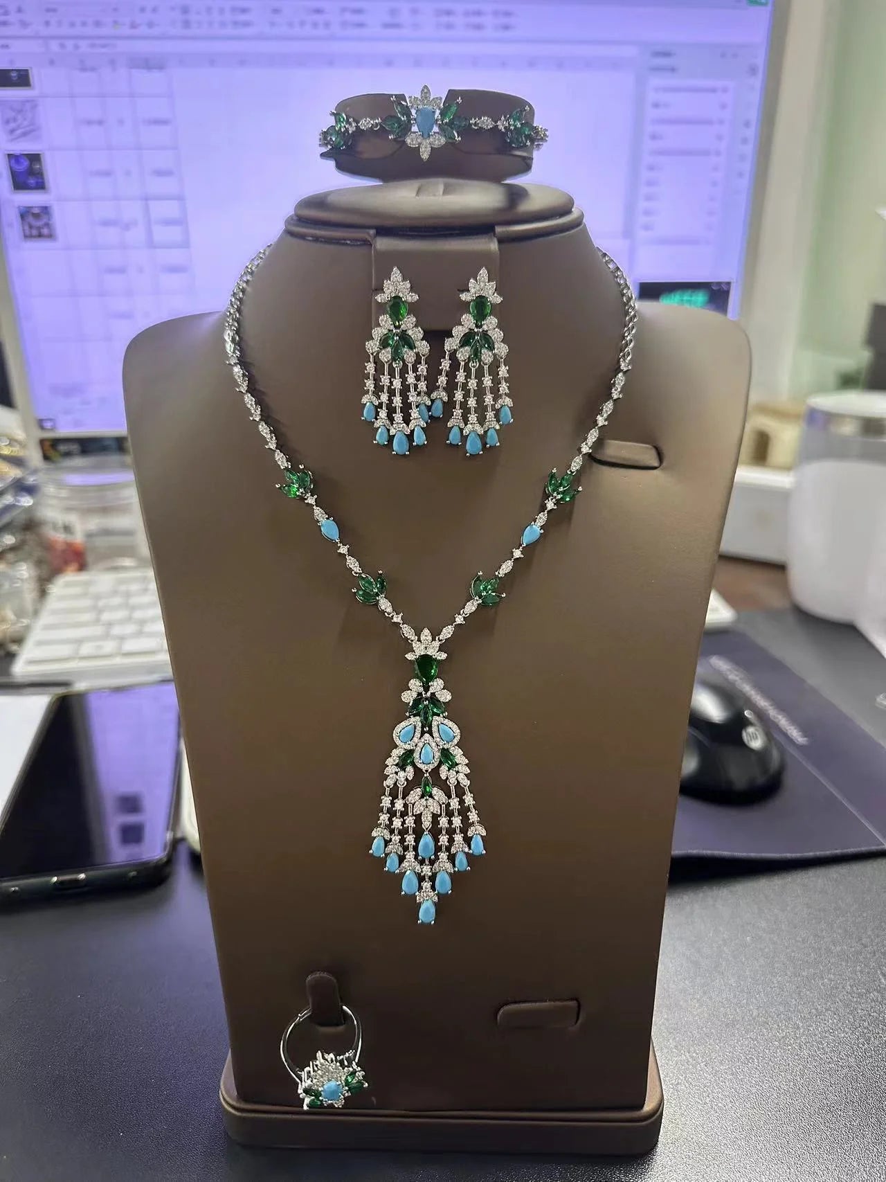 Exquisite Turquoise Dubai Jewelry Sets For Wedding Bridal Wedding Party 4 Pieces Set Accessories
