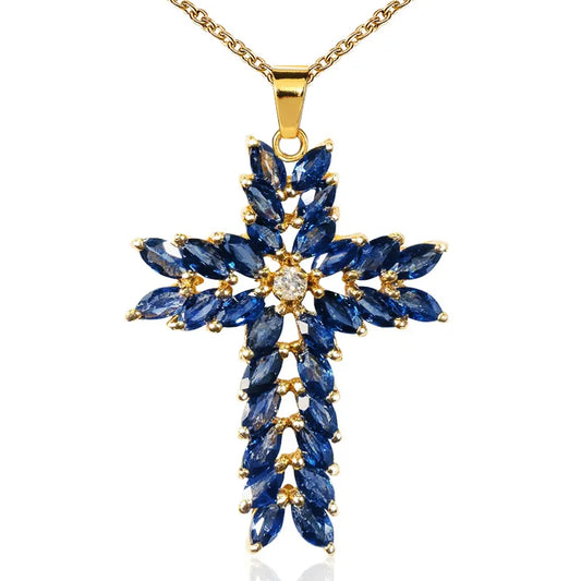 Huitan Luxury AAA Navy Color Cubic Zircon Cross Pendant Necklaces Delicate Women Stylish Accessories