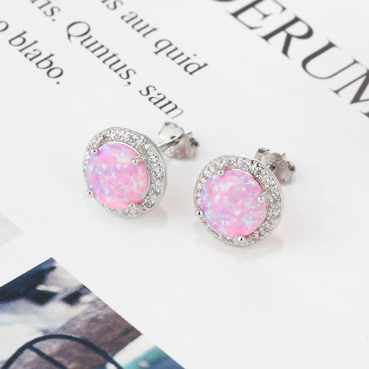 Classic 925 Sterling Silver Stud Earrings Round White Pink Blue Opal Earrings with Cubic Zirconia Jewelry Gift