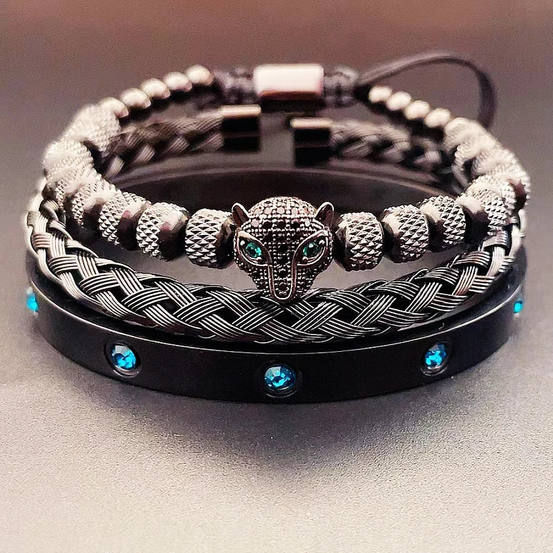 Luxury Set Green Eye Leopard Head Charm Handmade Unisex Bracelet Crystals Stainless Steel Bangles Jewelry