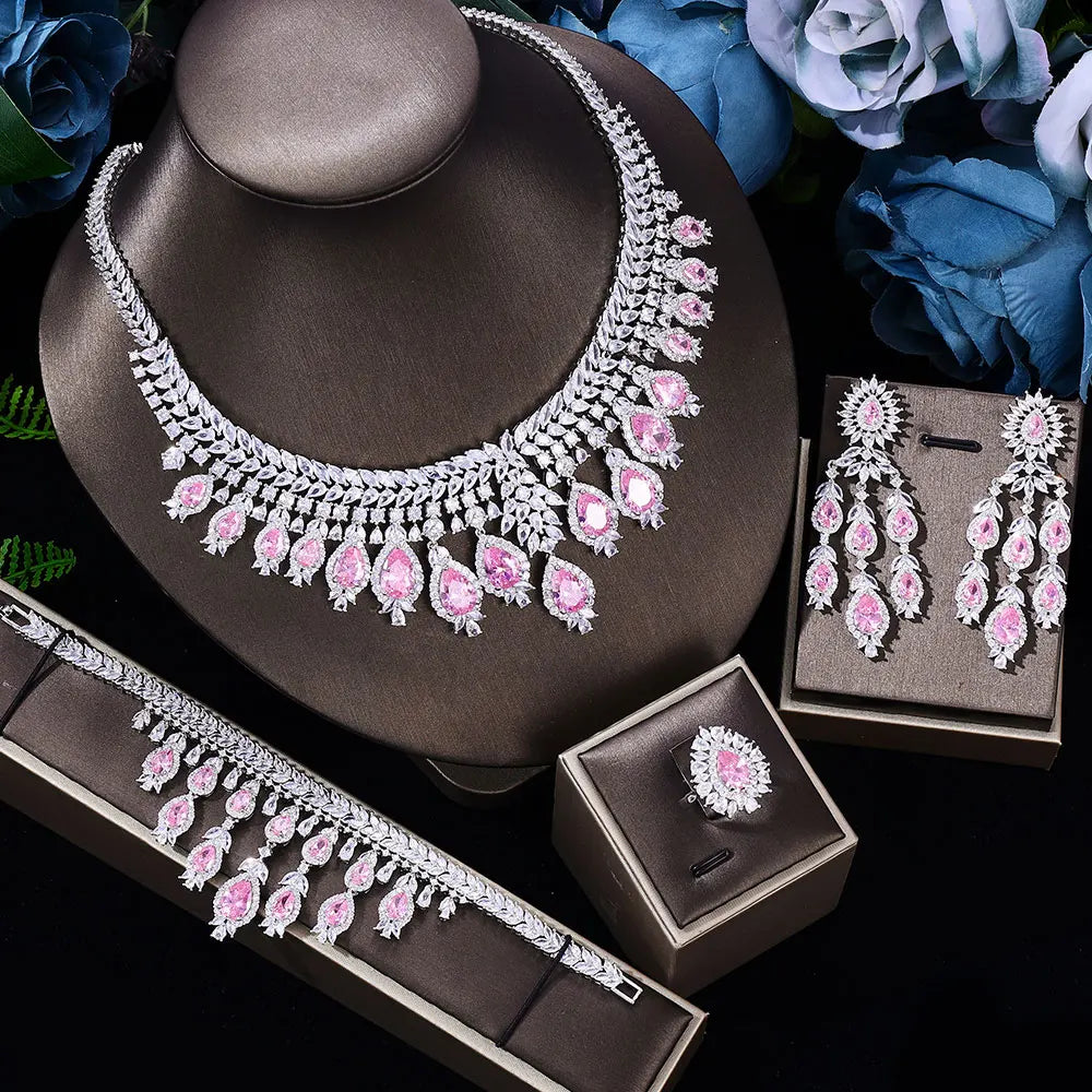 4-piece3A Zircon Luxury Bridal Wedding Jewelry Set Crystal Necklace Set Dubai Jewelry Set