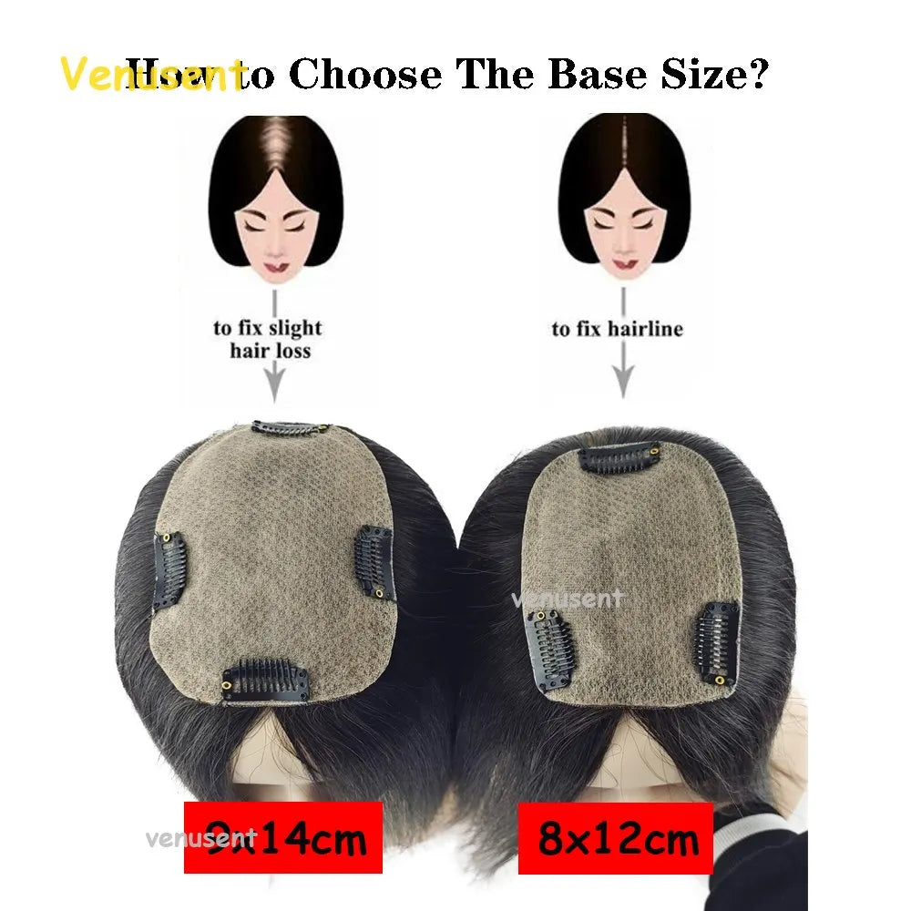8X12cm Silk Skin Base Topper Virgin Human Hair Piece with Clips In  18" 9x14cm Natural Scalp Top Women Toupee Overlay Free Part