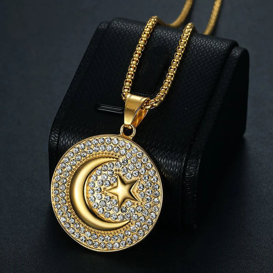 Muslim Crescent Moon And Star Pendant Stainless Steel Round Necklace Hip Hop Iced Out Women & Men Islamic Jewelry