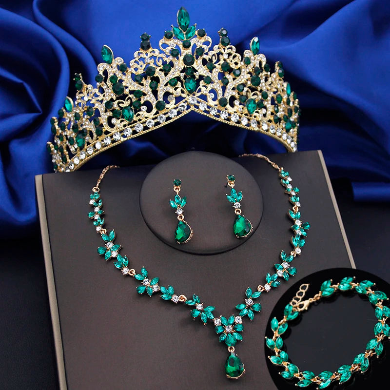 Jewelry Sets for Women 4 Pcs Lime Green Crown Fashion Tiaras Bracelets Earrings and Necklace Sets Bride Wedding Prom Accessories