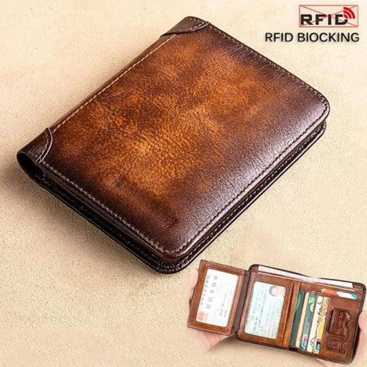 Men's Genuine Leather  Rfid Blocking Trifold Wallet Vintage Thin Short Multi Function ID Credit Card Holder