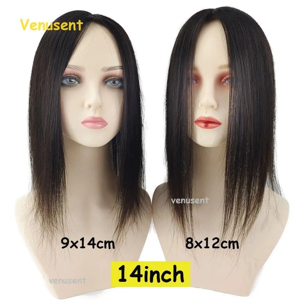 8X12cm Silk Skin Base Topper Virgin Human Hair Piece with Clips In  18" 9x14cm Natural Scalp Top Women Toupee Overlay Free Part