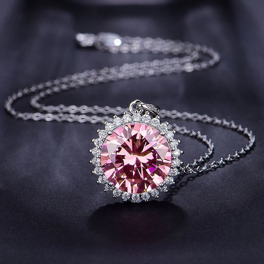 Huitan Fancy Round Pink Cubic Zirconia Pendant Necklace Exquisite Neck Accessories For Women Jewelry