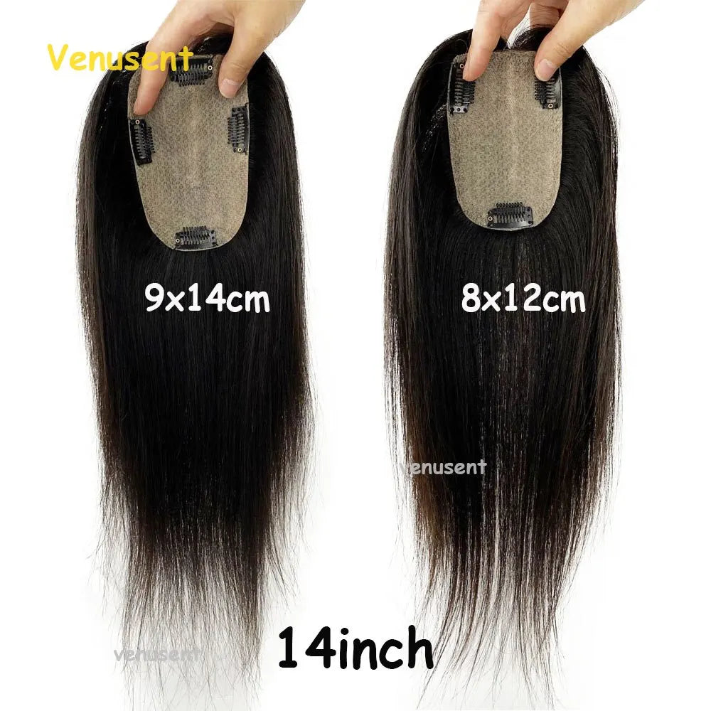 8X12cm Silk Skin Base Topper Virgin Human Hair Piece with Clips In  18" 9x14cm Natural Scalp Top Women Toupee Overlay Free Part