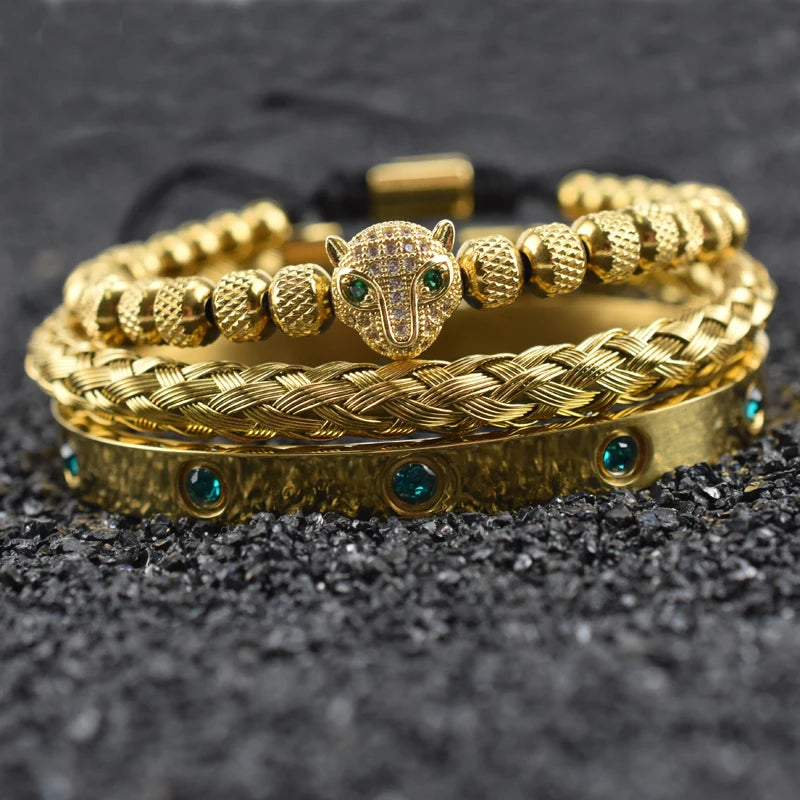 Luxury Set Green Eye Leopard Head Charm Handmade Unisex Bracelet Crystals Stainless Steel Bangles Jewelry